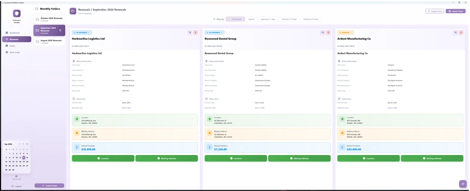 Insurance Renewal Workflow Tracker interface