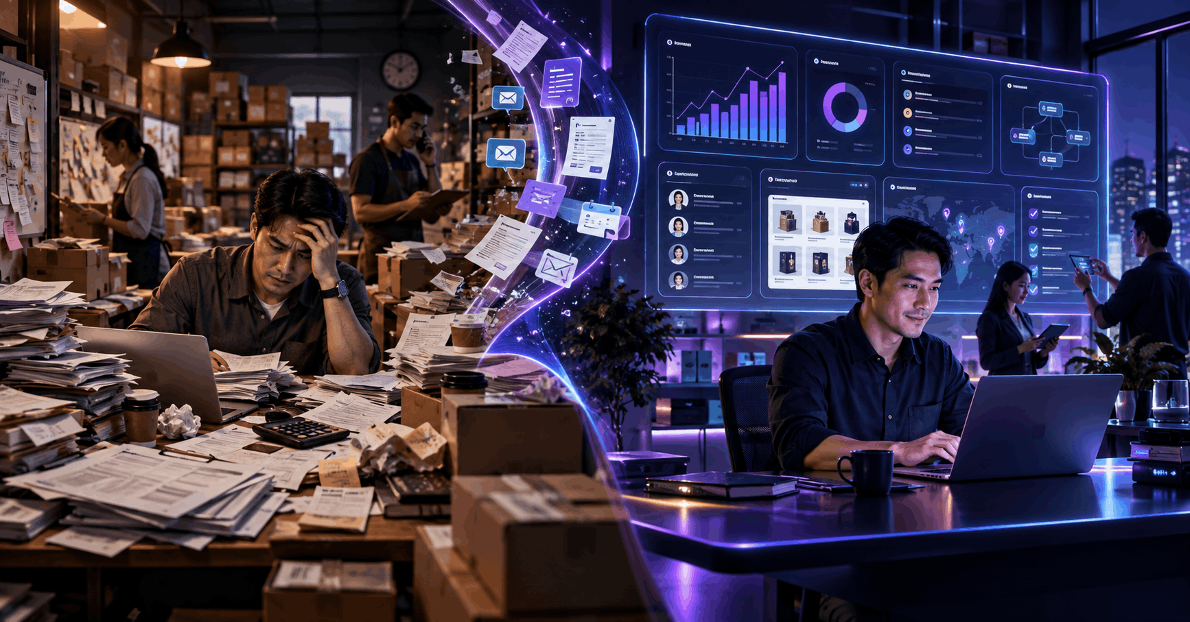 MSME business owner moving from manual paperwork and scattered processes to organized digital operations with a custom app by Sky Arkanum