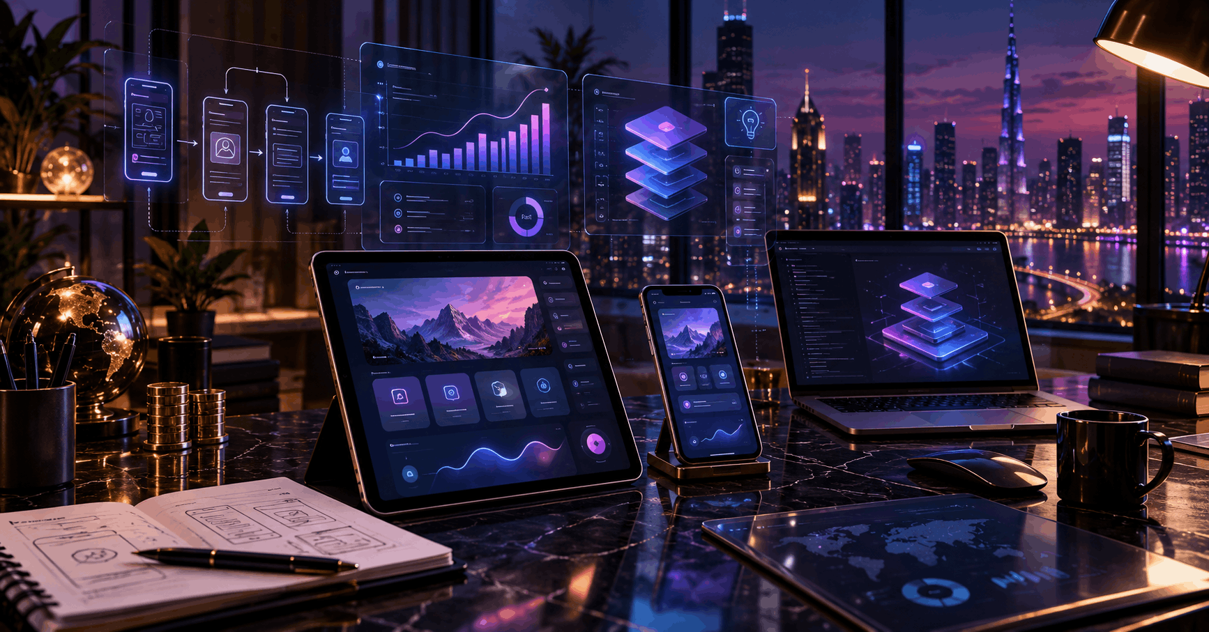 Cinematic business app development workspace with mobile devices, UI dashboards, and digital planning visuals by Sky Arkanum
